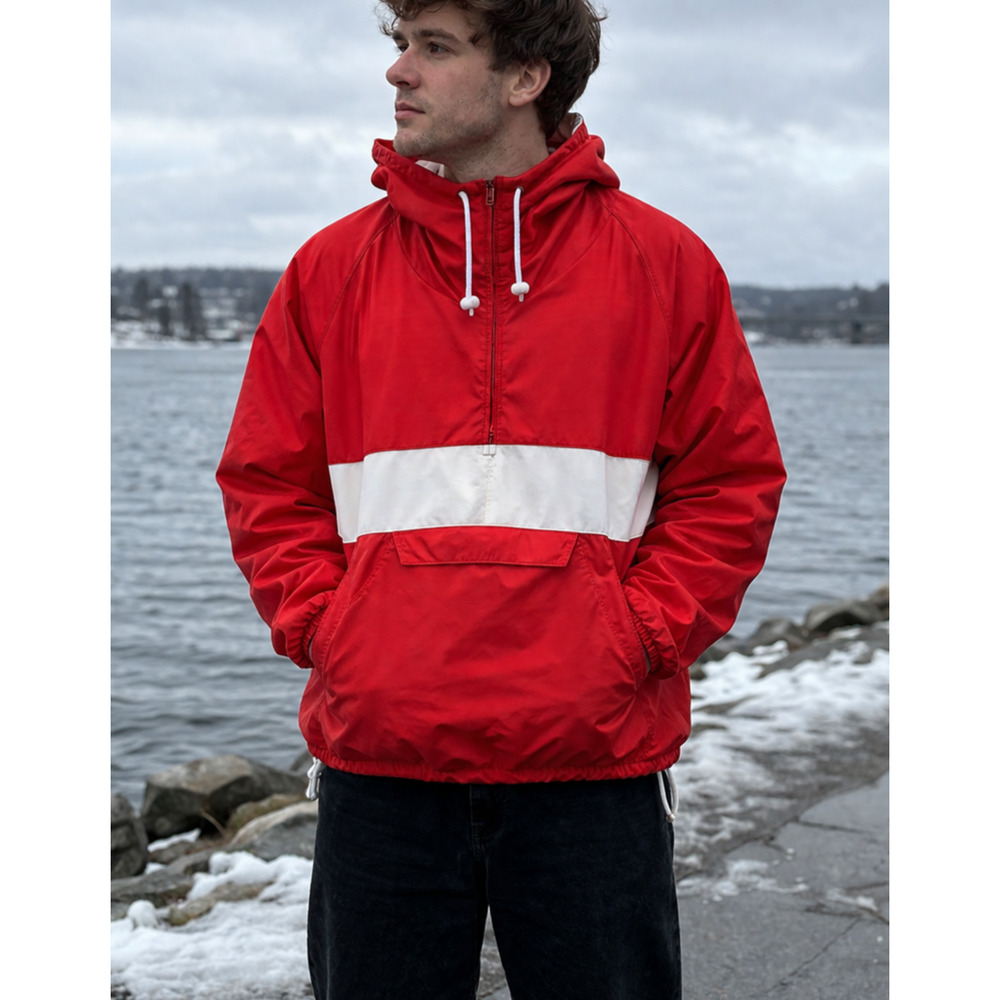 Charles River Red White Windbreaker Mens L 90s Retro 1/4 Zip Hooded Jacket Nylon